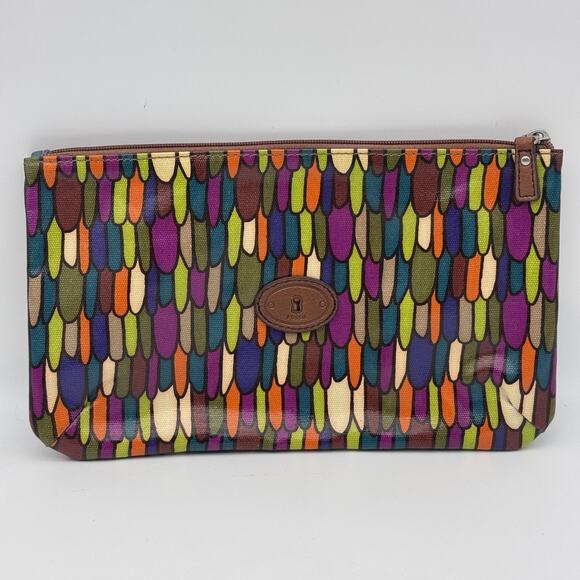 Fossil Key Per Pouch Feather Print Zip Clutch Bag Cosmetic Case Purse Travel - Picture 1 of 12